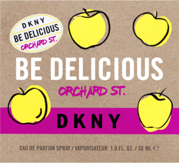 Opakowanie DKNY Be Delicious Orchard St. eau de parfum z żółtymi jabłkami na brązowym tle, widok z przodu.