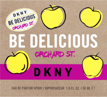 Front of DKNY Be Delicious Orchard St. Eau de Parfum Spray box. Brown, four yellow apples, white/magenta text.