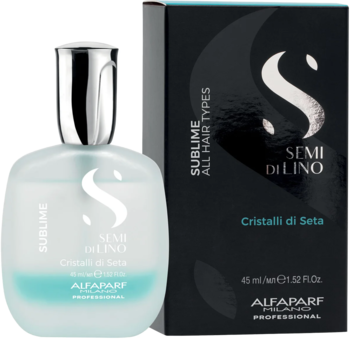 Alfaparf Semi di Lino Sublime Cristalli di Seta: nabłyszczające serum do włosów w niebieskiej butelce z pudełkiem.
