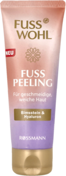Fuss Wohl Fuss Peeling, tubka gradientowa (brzoskwinia-lawenda) z pumeksem i hialuronem, widok frontalny.