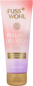 Fusswohl Peeling do stóp, różowo-fioletowa tubka z drobinkami pumeksu i kwasem hialuronowym dla gładkiej skóry.