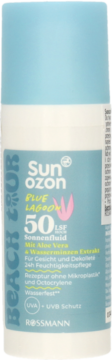 Sunozon Blue Lagoon SPF 50 Sonnenfluid, jasnoniebieska butelka z białymi napisami, widok z przodu.
