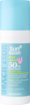 Biała butelka Sunozon Blue Lagoon SPF 50 mleczka do opalania twarzy z aloesem, wodoodporny fluid, widok z przodu.