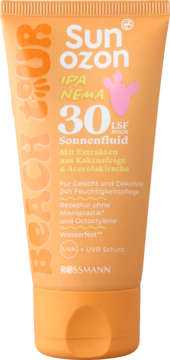 Pomarańczowy fluid do opalania Sunozon Ipanema SPF 30, tuba z przodu, z opuncją i acerolą.