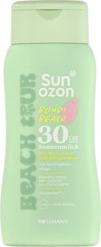 Jasnozielone mleczko do opalania Sunozon Bondi Beach SPF 30, butelka z różową brzoskwinią, widok z przodu.