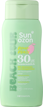 Zielone mleczko Sunozon Bondi Beach SPF 30, z masłem murumuru i mango, widok z przodu butelki z filtrem UV.