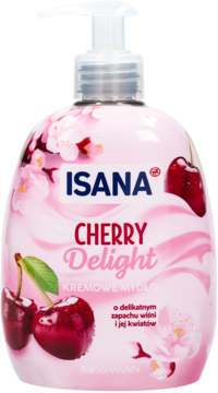 Kremowe mydło Isana Cherry Delight, różowa butelka z pompką, ozdobiona czerwoną wiśnią i kwiatami wiśni, widok frontalny.