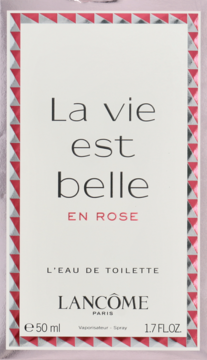 Opakowanie Lancôme La Vie est Belle en Rose Eau de Toilette 50ml, białe z różowym wzorem, widok z przodu.