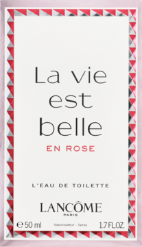 Saszetka La Vie est Belle En Rose Lancôme, woda toaletowa 50ml. Biała z różowo-czerwonym obramowaniem, przód.