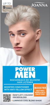 Joanna Power Men Hair Lightener box, model, bright cool blond shade, up to 9 tones, anti-yellow effect.