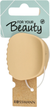 Matowa, beżowa klamra do włosów Rossmann, z napisem "FOR YOUR Beauty", widok z przodu na wieszaku.