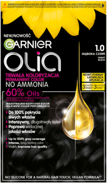Czarne opakowanie Garnier Olia 1.0 Głęboka Czerń, farba do włosów bez amoniaku, z przodu olejek i słonecznik.