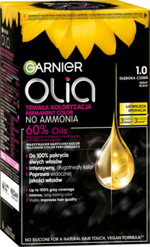 Czarne pudełko Garnier Olia 1.0 Głęboka Czerń, trwałej farby bez amoniaku z olejkami, z żółtym słonecznikiem.