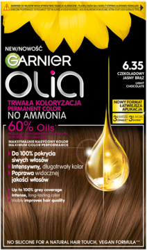 Garnier Olia farba do włosów 6.35 CZEKOLADOWY JASNY BRAZ, pudełko z olejem i słońcem, bez amoniaku.