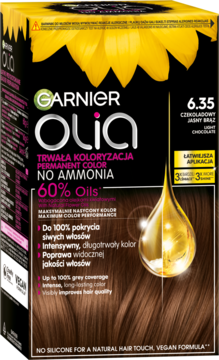 Garnier Olia 6.35 czekoladowy jasny brąz, trwała farba bez amoniaku, z olejkami, opakowanie ze słonecznikiem.