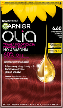 Kartonik Garnier Olia 6.60 Intensywna Czerwień, trwała farba bez amoniaku z olejkami, widok z przodu.