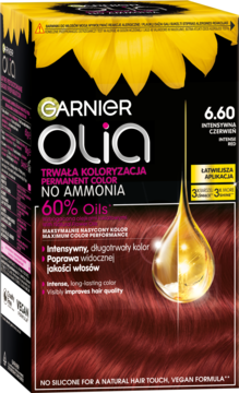 Pudełko farby Garnier Olia 6.60 Intensywna Czerwień, trwałej, bez amoniaku, z 60% olejków, ze słonecznikiem.