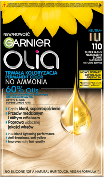Garnier Olia 110 Superblond. Opakowanie farby bez amoniaku, czarno-żółte z olejkami, widok front.