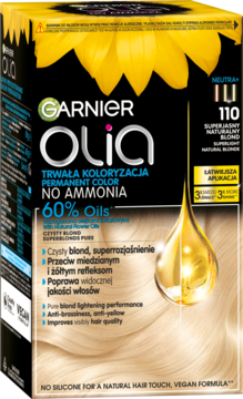 Garnier Olia 110 Super Jasny Blond, trwała farba do włosów bez amoniaku, w czarno-żółtym pudełku z olejkami.