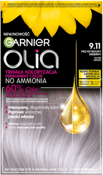 Pudełko farby Garnier Olia 9.11 przydymiony srebrny, trwała koloryzacja bez amoniaku, widok z przodu.