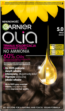 Garnier Olia trwała farba 5.0 Brąz. Ciemne opakowanie z żółtym słonecznikiem i kroplą oleju.