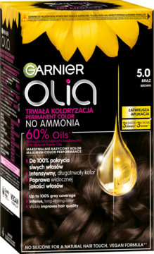 Garnier Olia farba 5.0 Brąz bez amoniaku, z olejkami, czarne opakowanie ze słonecznikami, widok z przodu.
