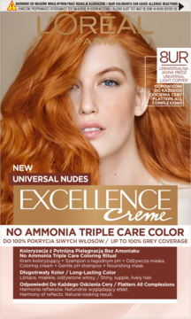 L'Oréal Excellence Crème 8UR Universal Nudes. Farba do włosów, modelka z rudymi, miedzianymi włosami. Bez amoniaku.