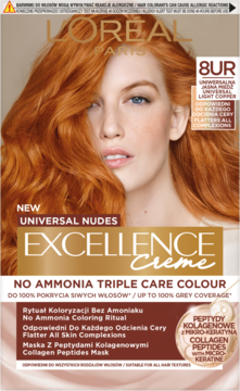 Farba do włosów L'Oréal Paris Excellence Creme 8UR Universal Nudes, bez amoniaku, na opakowaniu kobieta z miedzianymi włosami.