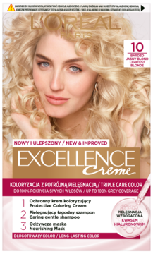 L'Oréal Excellence Creme nr 10 bardzo jasny blond, pudełko z uśmiechniętą blondynką, potrójna pielęgnacja włosów.