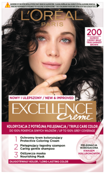 L'Oréal Paris Excellence Creme 200 Głęboki Ciemny Brąz, opakowanie z modelką, widok z przodu, potrójna pielęgnacja.