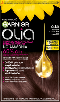 Pudełko farby Garnier Olia 4.15 Mroźna Czekolada, bez amoniaku, z żółtym słonecznikiem na czarnym tle, widok z przodu.
