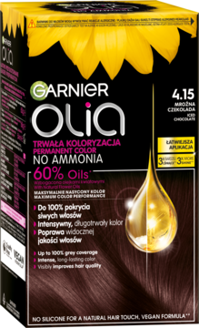 Pudełko Garnier Olia 4.15 Mroźna Czekolada, trwała farba bez amoniaku, z olejkami, z przodu.