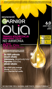 Brązowe opakowanie farby do włosów Garnier Olia 6.0 Jasny Brąz, trwała, bez amoniaku, z olejkami. Widok z przodu.
