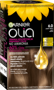 Garnier Olia 6.0 Jasny Brąz trwała farba do włosów bez amoniaku, z olejkami, 100% pokrycia siwych. Widok pudełka.