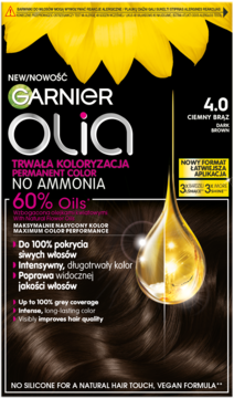 Pudełko Garnier Olia 4.0 Ciemny Brąz, farba do włosów z olejkami, bez amoniaku, widok z przodu.
