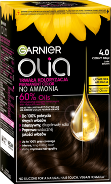 Garnier Olia 4.0 Ciemny Brąz, trwała farba do włosów z olejkami, bez amoniaku, czarne opakowanie z przodu.