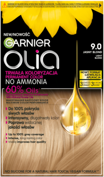 Garnier Olia 9.0 Jasny Blond, trwała farba do włosów bez amoniaku, pudełko z olejkiem i blond włosami.