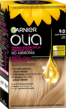 Garnier Olia 9.0 Jasny Blond, trwała farba do włosów bez amoniaku z 60% olejków. Widok z przodu opakowania.