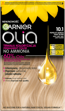 Garnier Olia 10.1 bardzo jasny blond, trwała farba bez amoniaku, front opakowania z motywem słonecznika.
