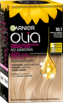 Garnier Olia farba do włosów 10.1, bardzo jasny blond z 60% olejków, bez amoniaku, front pudełka ze słonecznikami.