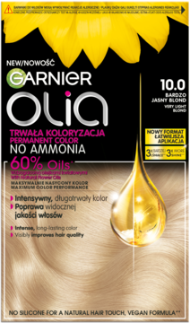 Garnier Olia farba do włosów 10.0 bardzo jasny blond, bez amoniaku, opakowanie z żółtym słonecznikiem.