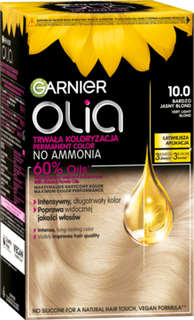 Garnier Olia 10.0 bardzo jasny blond, trwała farba bez amoniaku, czarno-żółte opakowanie, widok z przodu.