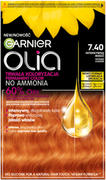 Garnier Olia farba do włosów Intensywna Miedź 7.40, bez amoniaku, opakowanie z kroplą olejku, widok z przodu.