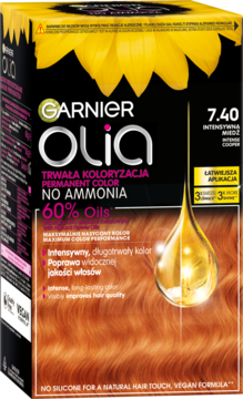 Garnier Olia 7.40 intensywna miedź, trwała farba bez amoniaku, z 60% olejków. Pudełko z kroplą oleju na włosach.