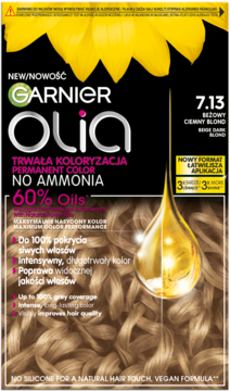 Frontowe opakowanie farby Garnier Olia 7.13 beżowy ciemny blond, z kroplą oleju i żółtym kwiatem słonecznika.