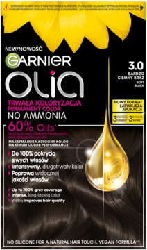 Garnier Olia 3.0 Soft Black trwała farba do włosów bez amoniaku, czarne pudełko ze słonecznikami.