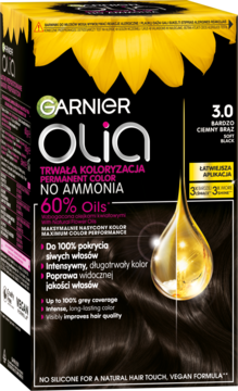 Garnier Olia farba do włosów bardzo ciemny brąz 3.0, bez amoniaku, z olejkami, frontowe ujęcie opakowania.