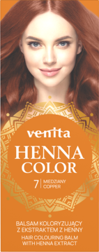 Venita Henna Color 7 Copper, balsam koloryzujący z henną w pomarańczowym opakowaniu z wizerunkiem kobiety.