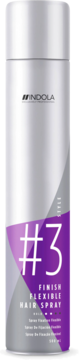 Indola Finish Flexible Hair Spray #3, srebrna butelka z fioletową etykietą, widoczny biały napis, widok z przodu.