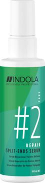 Biała butelka serum do włosów Indola Innova Repair #2 Split-Ends Serum 100ml, z zieloną etykietą, widok z przodu.